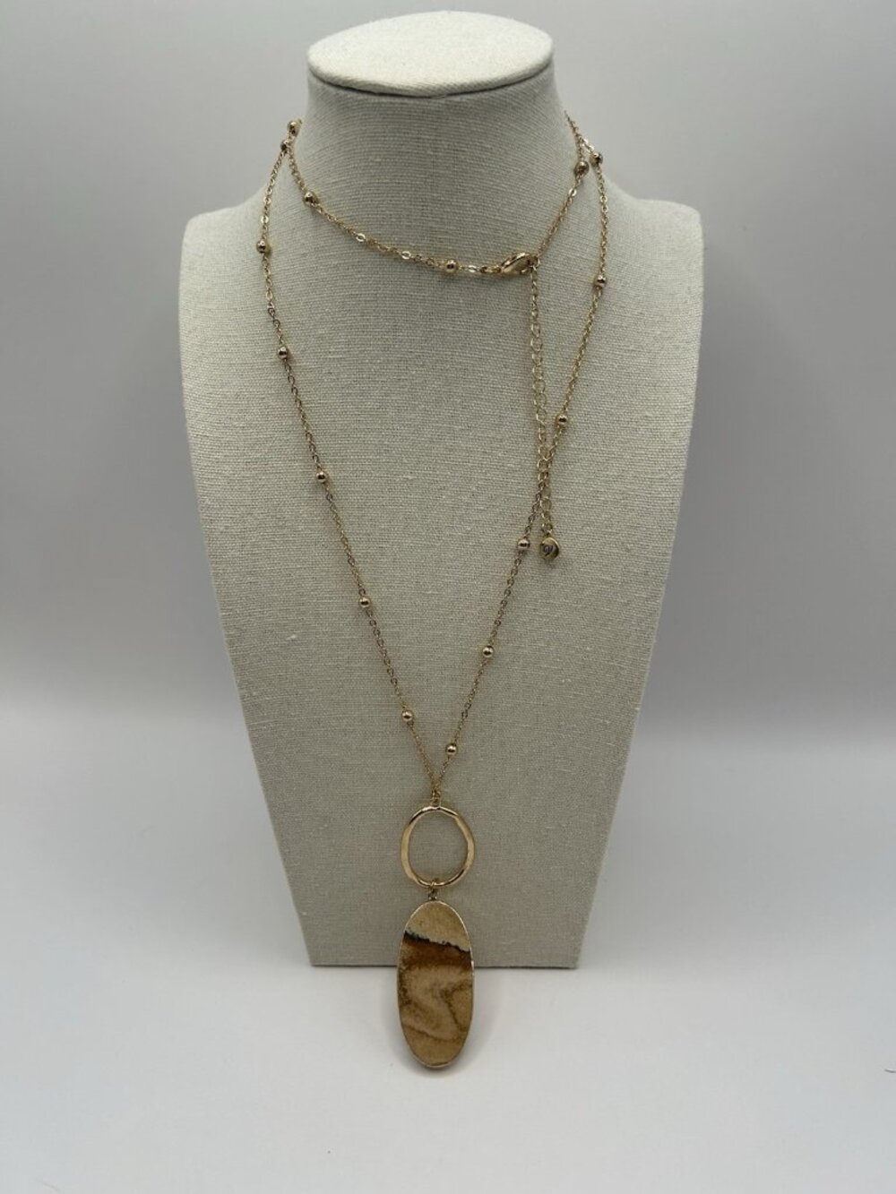 Gold Tone Beaded Chain Necklace Oval Stone Pendant Boho Layered Adjustable